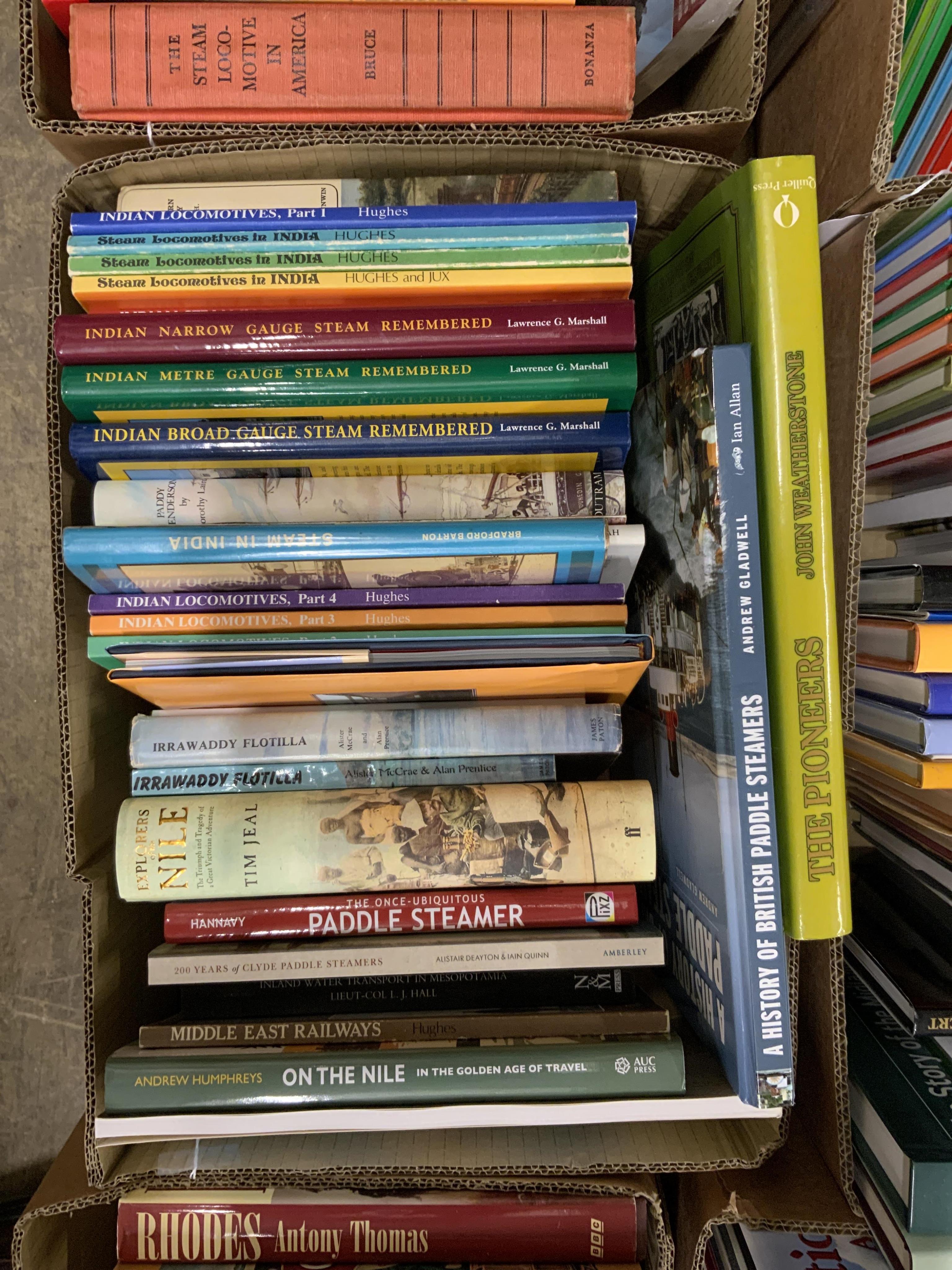 Eight boxes of railway related books, subjects include; Southern Railway, Garrett rolling stock, European railways, stationary engines, Indian Railways, American Railways, publishers include Middleton Press, David & Char
